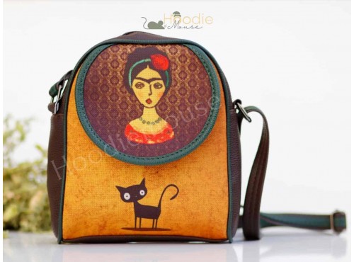 Frida Kahlo Figürlü Küçük Postacı Omuz Çantası Etnik Bohem Style - KAHVERENGİ